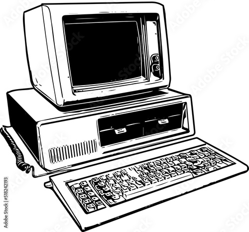  silhouette of old retro computer, sketch drawing of vintage model of old computer, Stencil of old vintage computer