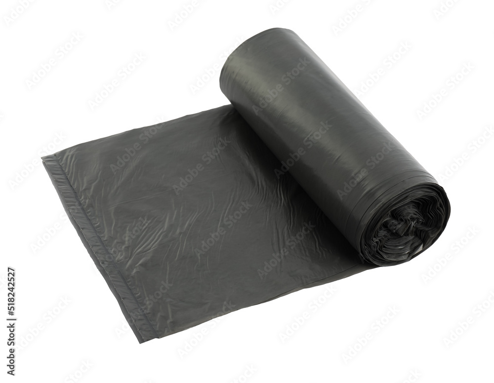 Roll of grey garbage bags on white background. Cleaning supplies Roll of grey garbage bags on white background. Cleaning supplies