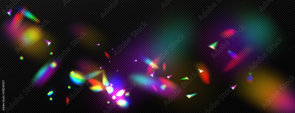 Overlay rainbow effect, prism crystal light refraction. Lens flare, glass,  jewelry or gem stone blurred reflection glare, optical physics effect on  black background, Realistic 3d vector illustration vector de Stock | Adobe