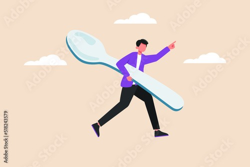 Happy young use spoon for eating. Eating activity concept. Colored flat graphic vector illustration.