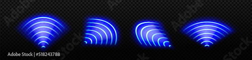 Wi-Fi light effect, blue neon signal sensor waves internet wireless connection. Radar sensing system, sonar, scanner, laser signs isolated on transparent background, Realistic 3d vector illustration
