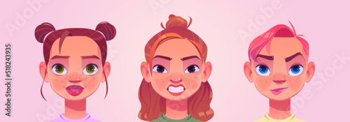 Girl avatars, young female characters faces, pretty caucasian women emotions, portraits with brown, pink and ginger hair for social networks or user profiles in internet, Cartoon vector illustration