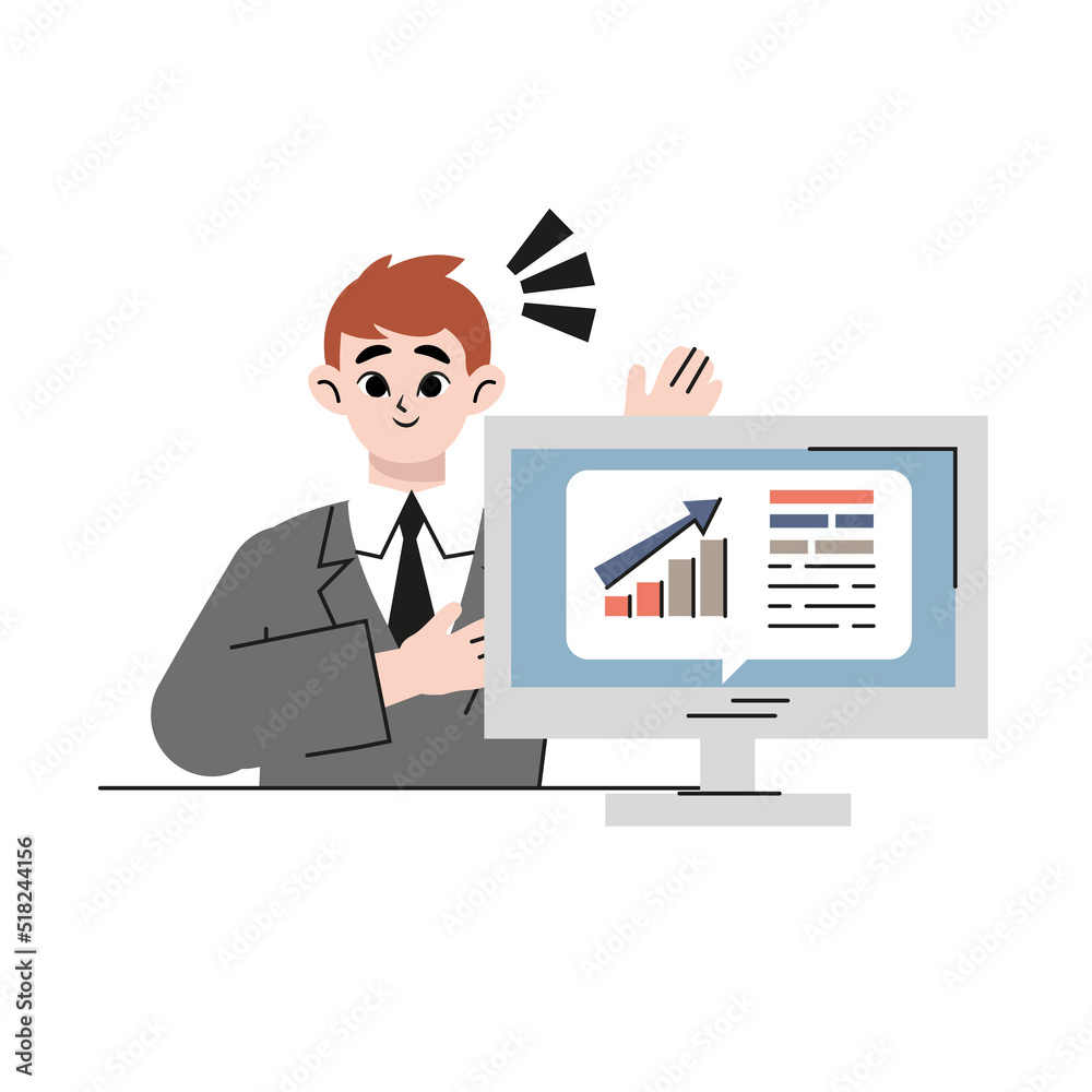 Business consulting illustration. Male business show diagram. Flat style. Vector illustration isolated on white. Business consulting illustration. Male business show diagram. Flat style. Vector illustration isolated on white.