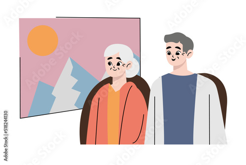 An elderly couple is on a train. looking at the landscape in public transport. Retirees and travel. Flat style. Vector illustration isolated on white.