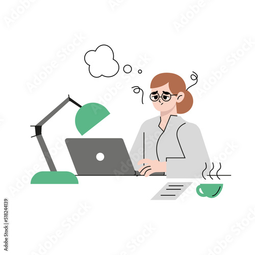 Professional burnout syndrome exhausted woman tired sitting at her workplace in office. Concept of emotional burnout, stress, tiredness, mental health problems. Flat style. Vector illustration