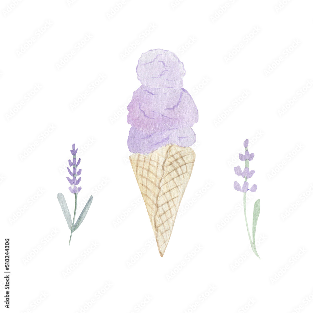 Ice cream with lavender flower. Watercolor illustration. Ice cream with lavender flower. Watercolor illustration.