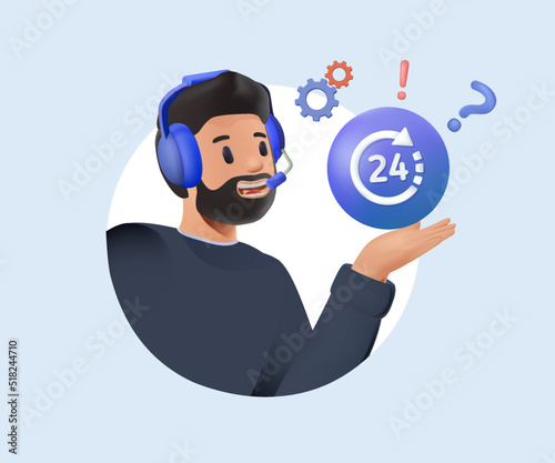 3D render Customer service, hotline operators consult customers with headsets on computers, 247 global online technical support, Call center, call processing system, 3D Vector illustration. Customer