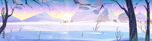 Winter nature landscape, snowfall in forest with frozen pond and mountains at early morning. Cartoon scenery sunrise background with bare tree trunks and rocks under falling snow, Vector illustration