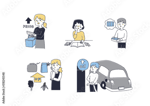 物価上昇、インフレによって生活に影響を受ける人々のイラスト