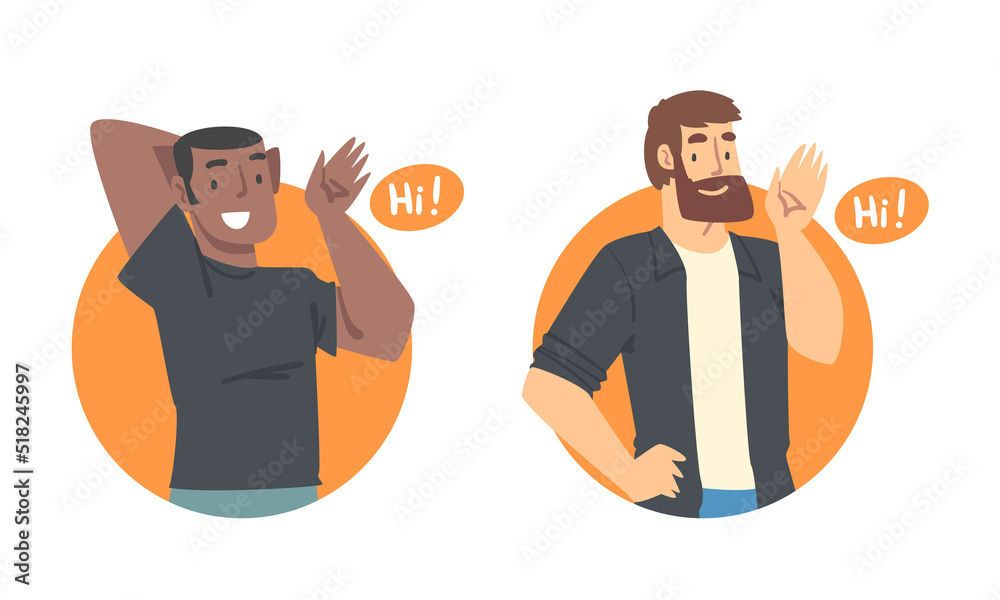 Men saying Hi. Smiling people doing greeting hand gesture cartoon vector illustration