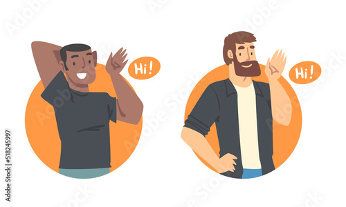 Men saying Hi. Smiling people doing greeting hand gesture cartoon vector illustration