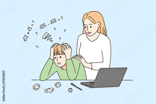 Caring mother comfort upset kid studying 