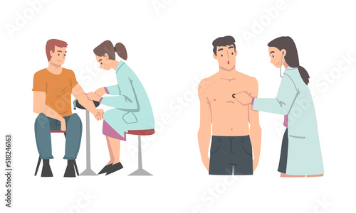 Medical diagnostics of diseases set. Doctor measuring pressure and listening to chest of patients cartoon vector illustration