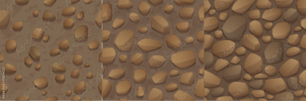 Game stones texture, pebbles, rocks, boulders seamless pattern. Cartoon background of rocky road or cobble pavement, textured material surface, graphic design templates for landscaping, Vector set