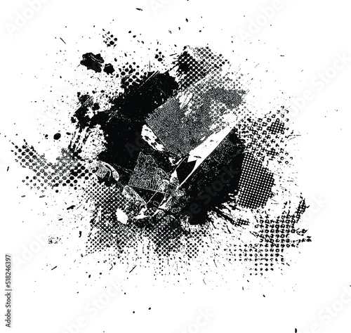 Glitch distorted geometric shape . Noise destroyed background . Trendy defect overlay texture . Glitched collage .Grunge textured . Distressed effect .Vector shapes with stripes screen print texture.
