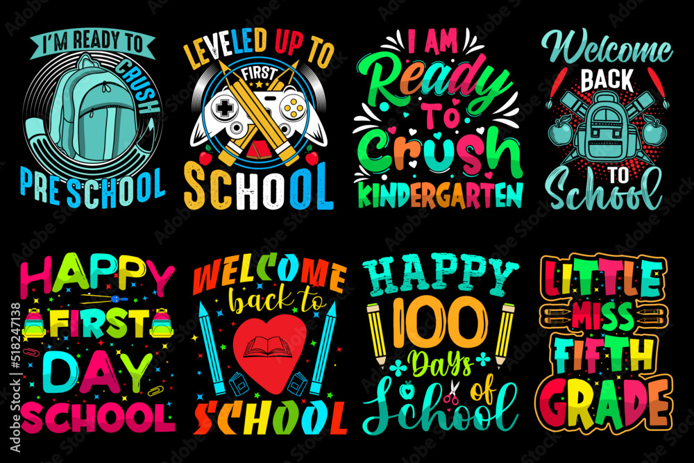 Back to school t-shirt design bundle, first day, hundred days of School, typography t-shirts, kids t-shirts