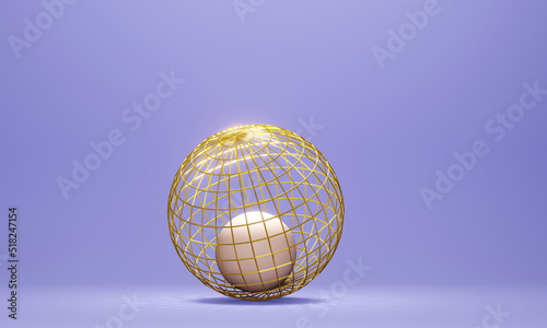 sphere in a golden wireframe on purple background  3d render