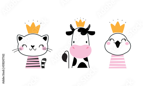 Head cute funny animals with golden crowns set. Cat, cow and owlet little princess hand drawn vector illustration