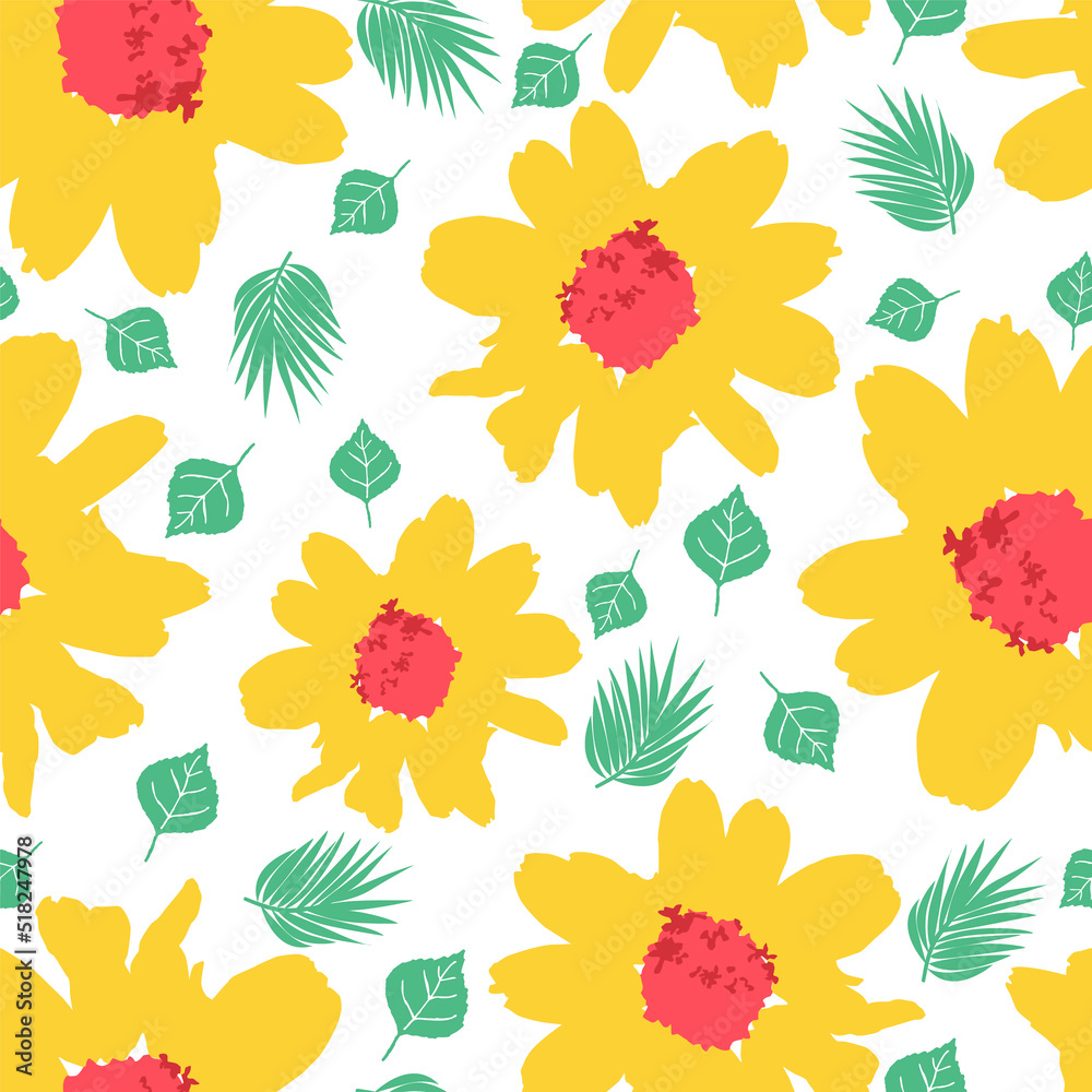 Abstract hand drawn yellow and red flowers and leaves seamless pattern print background Abstract hand drawn yellow and red flowers and leaves seamless pattern print background