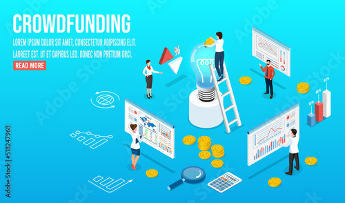 3D isometric Crowdfunding concept for business startup, innovation, donation, charity platform, platform, Contribution, Collaborative. Innovation and technologies.  Vector illustration eps10
