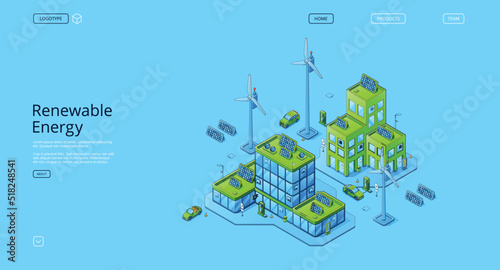 Renewable energy isometric landing page. Clean power, sources of green ecologically alternative energetics, weather station with windmills and solar panels, eco city 3d vector line art web banner
