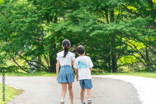 夏の自然を散策する小学生の男の子と女の子