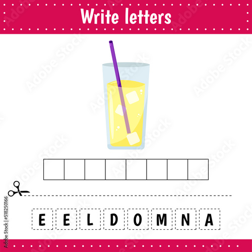 Educational game for kids. Crossword. Lemonade. Drink. Guess the word. Education developing worksheet. Activity page.