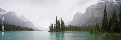 Spirit Island, Maligne Lake, Alberta, Canada, on a cloudy summer day