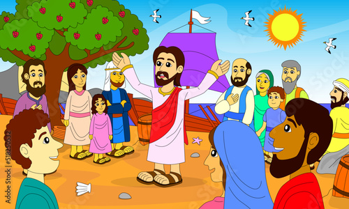Jesus teaches many people by the lake of galilee, children's bible illustrations, christianity, printing, posters, websites and more