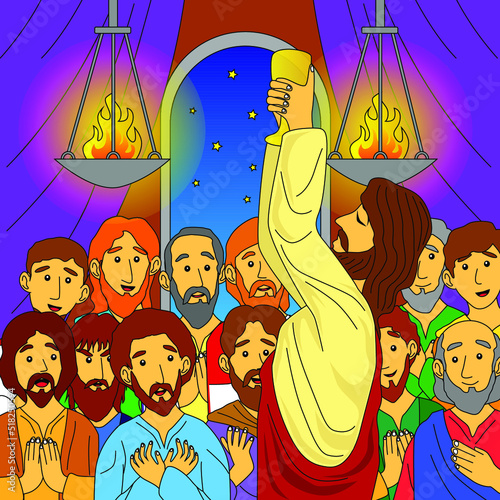 jesus celebrates the last supper with the disciples, illustrations of bible stories, posters, religion, websites, banners, printing, and more