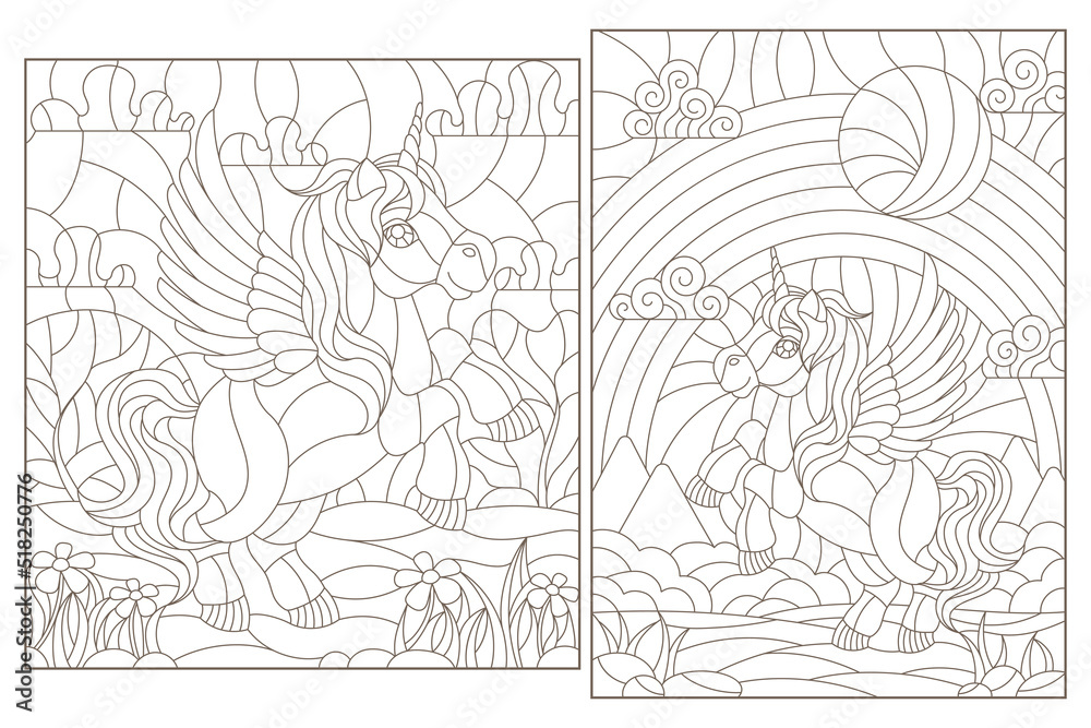 Set of contour illustrations of stained glass Windows with cartoon unicorns on the background of landscapes and sky, dark contours on a white background