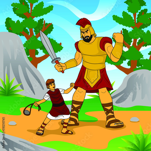 bible story illustration, david against goliath, good for story books, children's bibles, posters, websites, printing and more photo