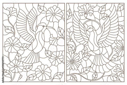 Set of outline illustrations of stained glass with birds and flowers, doves and hummingbirds, dark outlines on white background
