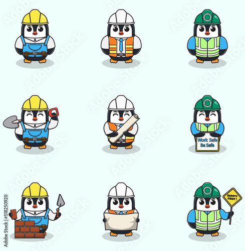 Vector illustration of Penguin worker, builder, laborer cartoon. Cute Penguin engineers workers, builders characters isolated cartoon illustration. Vector illustration on white background