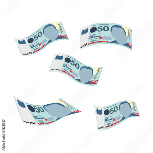 Singaporean Dollar Vector Illustration. Singapore, Brunei money set bundle banknotes. Falling, flying money 50 SGD. Flat style. Isolated on white background. Simple design.