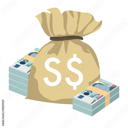 Singaporean Dollar Vector Illustration. Singapore, Brunei money set bundle banknotes. Money bag 50 SGD. Flat style. Isolated on white background. Simple minimal design.