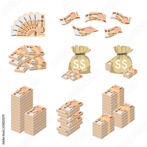 Singaporean Dollar Vector Illustration. Huge packs of Singapore, Brunei money set bundle banknotes. Bundle with cash bills. Deposit, wealth, accumulation and inheritance. Falling money 100 SGD