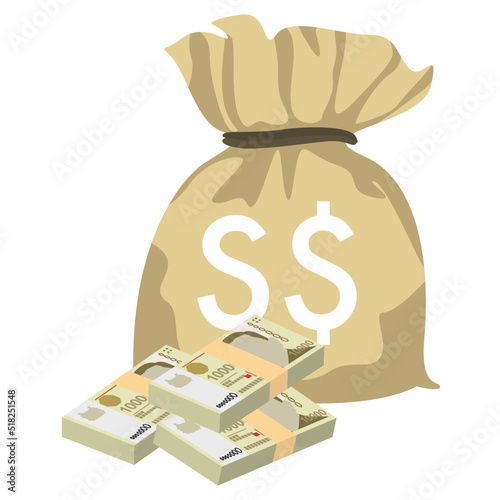 Singaporean Dollar Vector Illustration. Singapore, Brunei money set bundle banknotes. Money bag 10000 SGD. Flat style. Isolated on white background. Simple minimal design.