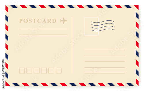Vintage retro postcard template. Air mail envelope with postage stamp, postage card. Vector graphic design