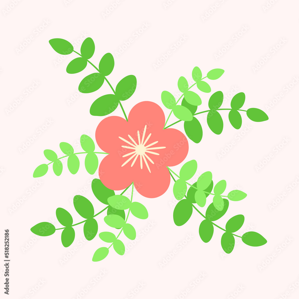 Red flower with green leafs on soft pink background vector flat illustration. Best for greeteng cards, print, web design and festive decoration.