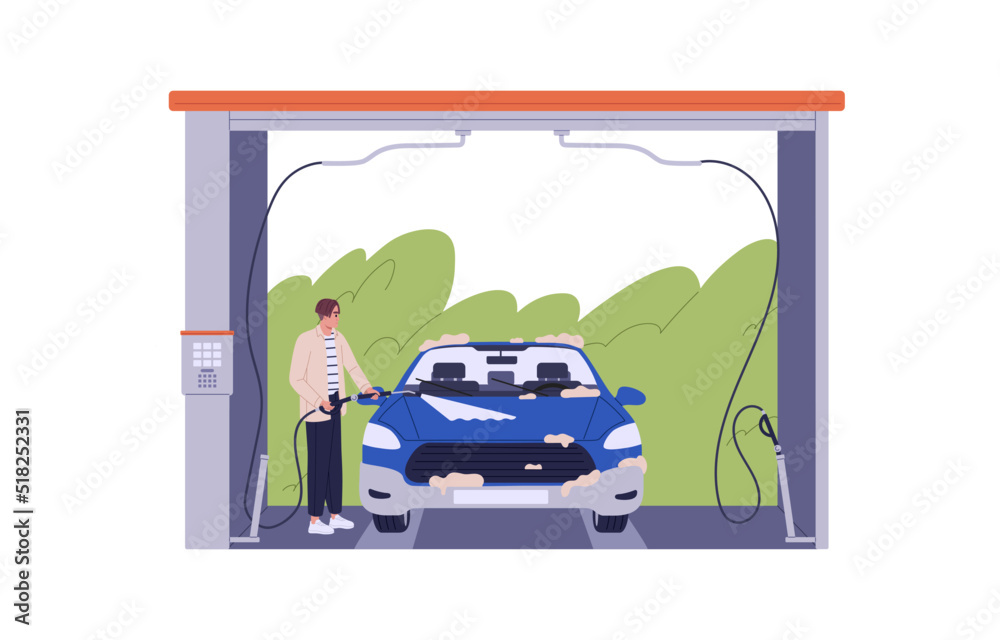 Man driver cleaning auto at car wash self-service. Person with hose pipe, soap foam spraying water on dirty automobile at carwash. Flat graphic vector illustration isolated on white background Man driver cleaning auto at car wash self-service. Person with hose pipe, soap foam spraying water on dirty automobile at carwash. Flat graphic vector illustration isolated on white background