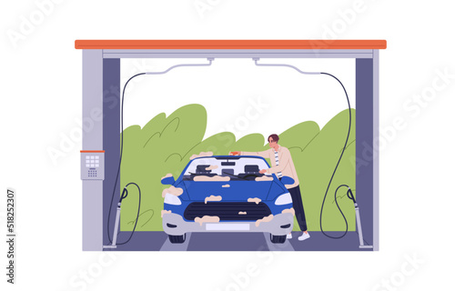 Driver cleaning auto at self-service car wash. Man cleansing dirty automobile with sponge, shampoo foam, water at washer station, carwash. Flat graphic vector illustration isolated on white background