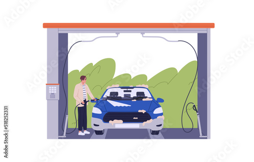 Man driver cleaning auto at car wash self-service. Person with hose pipe, soap foam spraying water on dirty automobile at carwash. Flat graphic vector illustration isolated on white background © Paper Trident