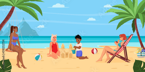 Summer vacation concept background. Beautiful summer beach landscape with sea, palm trees, sand castle. A girl is resting on a chaise longue, children are building a sand castle, a girl is sitting on