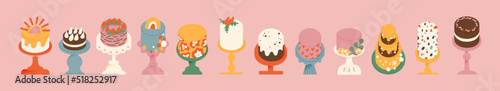 Birthday cake set on a stand. Confectionery with decorations. An elegant dessert with cream for celebration. Vector illustration of sweet party food. Homemade treat icon.