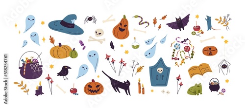 Halloween set with cute and spooky characters and stuff. Funny doodle Helloween bundle with holiday pumpkin, hat, candy for October party. Kids flat vector illustrations isolated on white background
