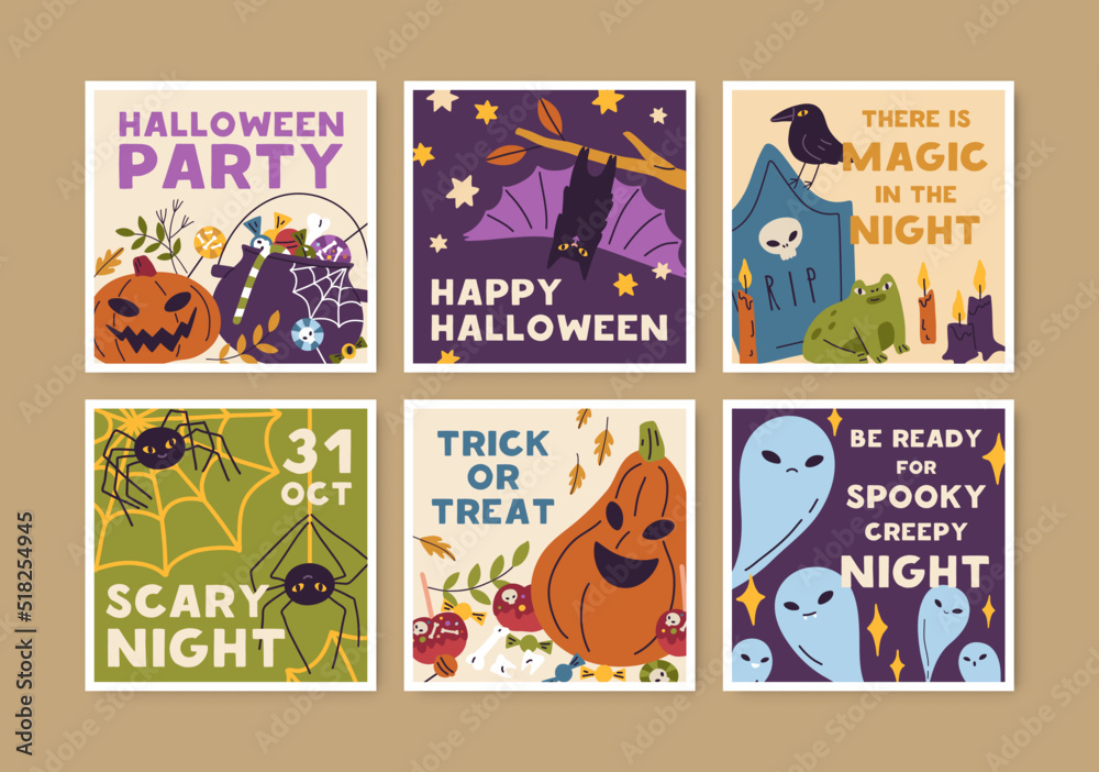 Happy Halloween, Trick and Treat card designs set. Funny spooky postcard templates for holiday night with Helloween pumpkin, spider. Kids flat graphic vector illustration isolated on white background