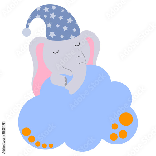The cartoon elephant sleeps on a cloud. Good night, lullaby theme. Vector isolated on a white background.