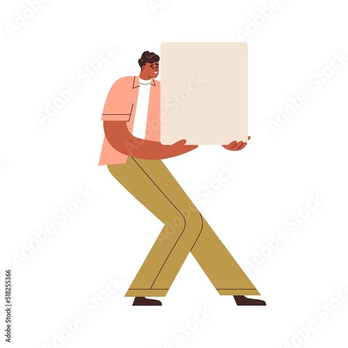 Black man holding empty paper card mockup for promo message. Happy young guy presenting smth on blank placard mock up. Ad board in hand. Flat graphic vector illustration isolated on white background