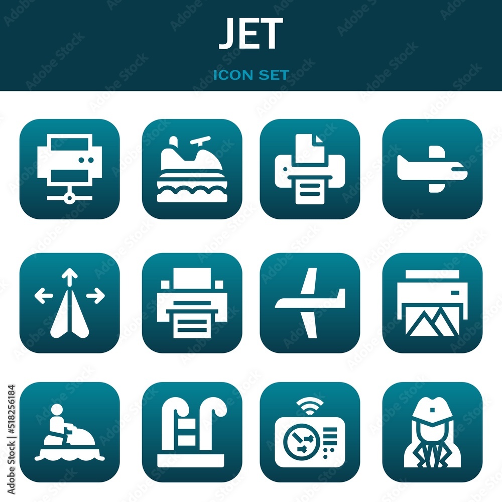 jet icon set. Vector illustrations related with Printer, Jet ski and Printer jet icon set. Vector illustrations related with Printer, Jet ski and Printer